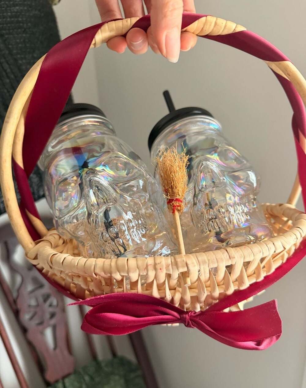 Iridescent Skull Mason Jar Glass Tumblers Drinking Set Broom Halloween Basket